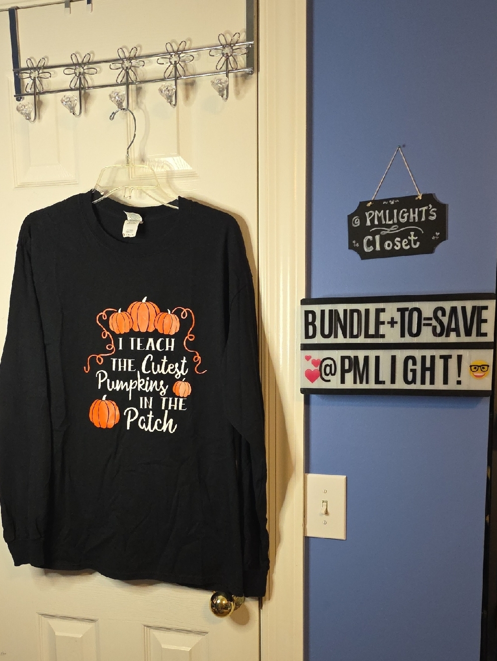 Black Fall Teacher Long Sleeve Tee Large Cute Pumpkins